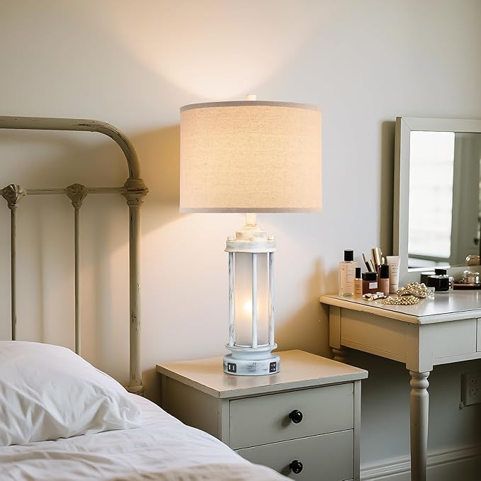 25" Rustic Table Lamps Set of 2, Vintage Nightstand Lamps with 2 USB Ports, Farmhouse Antique White Desk Lamp with Glass Night Light for Living Room Bedroom Dorms, 4 Bulbs Included - Bloomnest