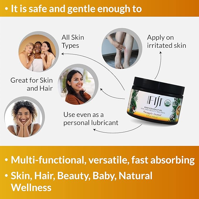 Organic Fiji Raw Cold Pressed Coconut Oil for Hair, Skin, Face & Body | Relaxing Massage Oil | Pineapple Coconut,12 oz for Women Men & Baby - Bloomnest