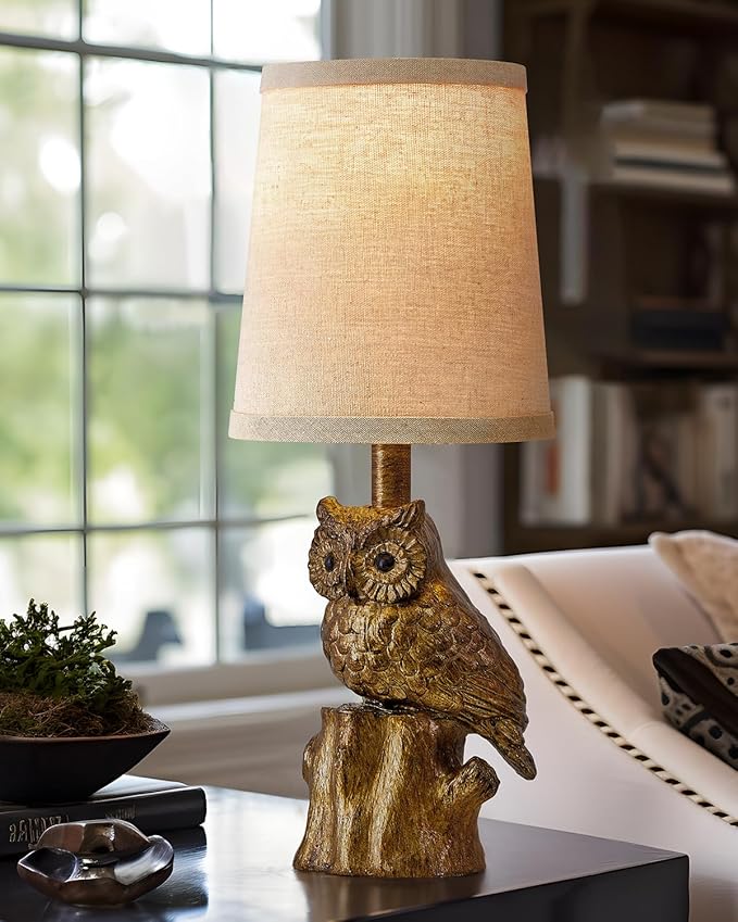 14.25" Small Table Lamp for Living Room Farmhouse Bedside Resin Single Lamp with Gold Owl Lamp Shape for Bedroom Retro Rustic Nightstand Lamp - Bloomnest