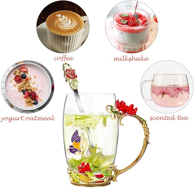 Flower Tea Cup ,Butterfly Rose Clear Glass Fancy Coffee Mug with Spoon,Gift Box for Her Mom Wife Grandma Girls Friends Valentines Christmas Birthday Present Idea for Juice,Hot And Cold Drinks Use - Bloomnest