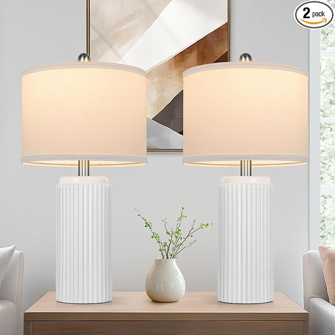 TOBUSA 23.5’’ Modern White Ceramic Lamps Set of 2, Living Room Retro Side Table Lamps, Farmhouse Bedside Nightstand White Lamps for Bedroom with Linen Shade, Elegant Decor Lamp Sets for Home Office - Bloomnest