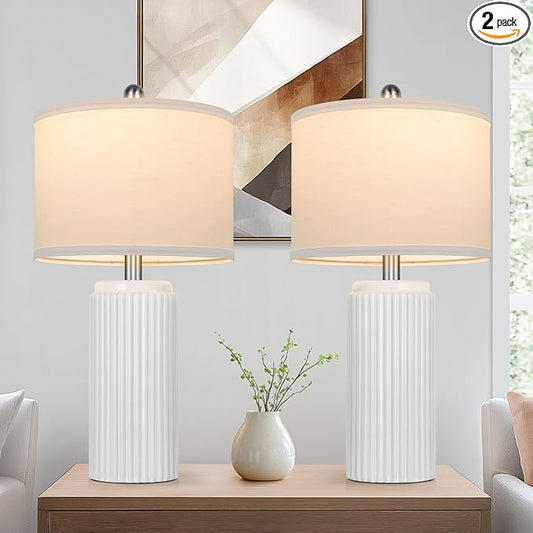 TOBUSA 23.5’’ Modern White Ceramic Lamps Set of 2, Living Room Retro Side Table Lamps, Farmhouse Bedside Nightstand White Lamps for Bedroom with Linen Shade, Elegant Decor Lamp Sets for Home Office - Bloomnest