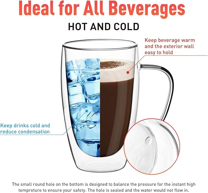 Espresso Cups Set Of 2 15 Oz, Double Walled Glass Coffee Mugs with Handle,Insulated Layer Coffee Cups,Clear Borosilicate Glass Mugs,Perfect for Cappuccino,Tea,Latte,Espresso,Hot Beverage,Wine - Bloomnest