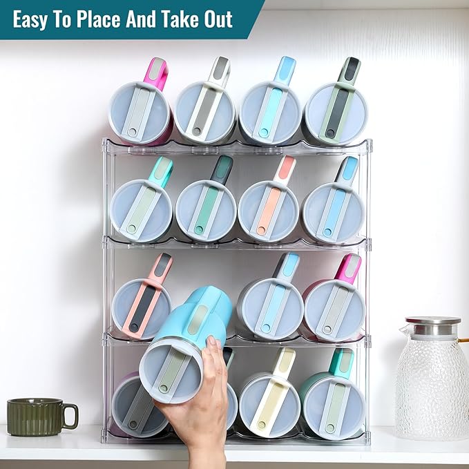 Design for Stanley 40 OZ & Large Bottles & Tumblers with Handle - Acrylic Water Bottle Organizer - Stackable Clear Wine Rack Cup Holder for Home Kitchen Pantry Shelf Countertop Cabinet, 4 Tier Hold 16 MakeLifeBetterEasier