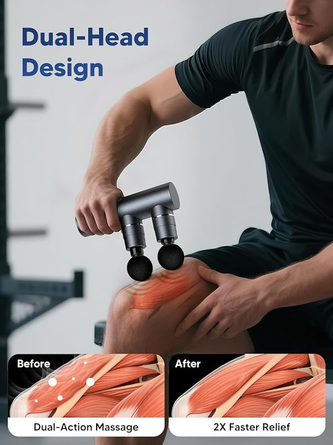 arboleaf Massage Gun Deep Tissue with Double Heads, Full-Metal Electric Portable Handheld Massager for Back, Shoulder, Sore Muscles, Pain Relief, 5 Modes, Seamless Speed Control - Bloomnest