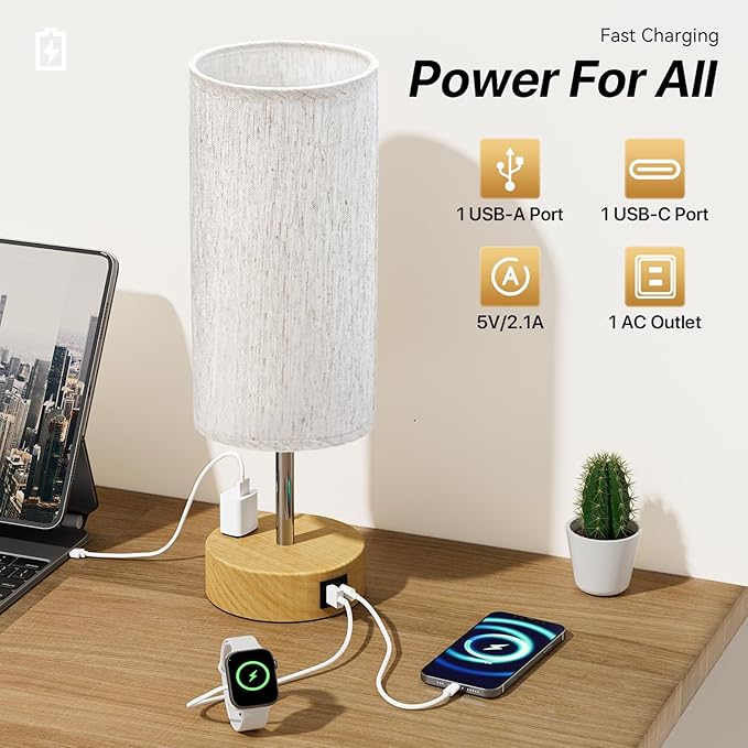 KPQ Small Bedside Lamp Touch Control Table Lamp with USB A+C Charging Ports & AC Outlet 3-Way Dimmable Nightstand Lamp with Linen Fabric Shade for Bedroom Living Room - Bloomnest