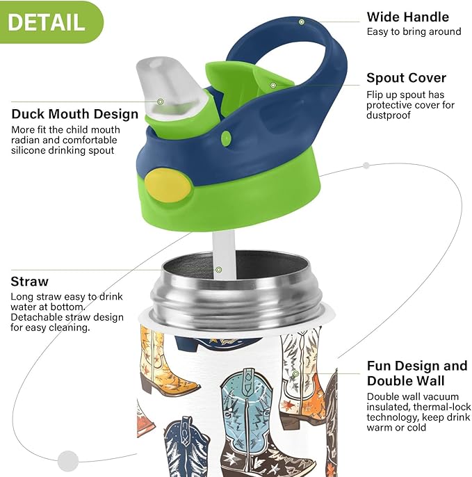 Cowboy Boots Kids Water Bottle with Straw Lid Insulated Tumbler with Handle Stainless Steel Reusable Toddlers Cup for Kids Boys 12 oz - Bloomnest