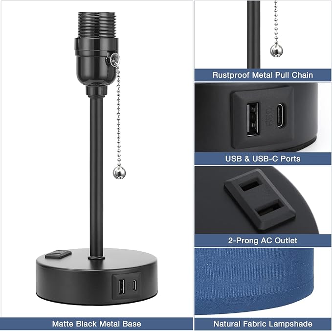 Blue Table Lamps 3 Color Temperatures - 3000K 4000K 5000K Bedside Lamps with USB C and A Ports, Pull Chain Lamps for Bedrooms with AC Outlet, Nightstand Lamps with Black Metal Base for Kids Boys - Bloomnest