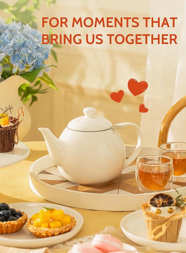 Sweese Teapots for Tea, 27 oz Porcelain Tea pot with Removable Stainless Steel Infuser, Tea Pots for Loose Tea - White - Bloomnest