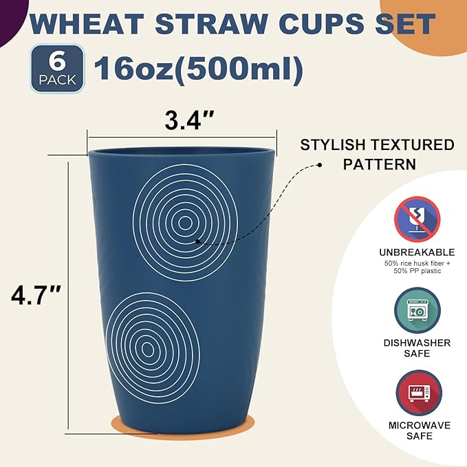 Wrova Wheat Straw Cups 16oz set of 8 - Alternative Plastic Cups Dishwasher Safe - Plastic Drinking Cups Unbreakable for Kids - Ocean Series - Bloomnest