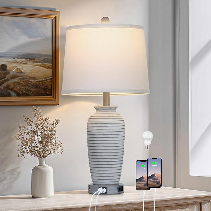 25" Vintage Farmhouse Jar Table Lamps, Single Rustic Bedside Lamp with USB A+C Ports & AC Outlet, Nightstand Lamps for Living Room, Bedroom, End Table, Grey White(LED Bulb Included) - Bloomnest