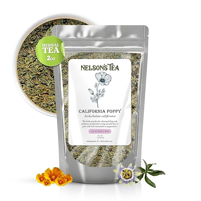 Nelson's Tea - California Poppy Cut & Sifted, Caffeine-Free Loose Leaf Tea Blend, Light Floral, Golden Poppy Flavor for Gentle Peace & Comfort, Mild Herbal Infusion Pairs Well with Mild Herbs - 2oz - Bloomnest