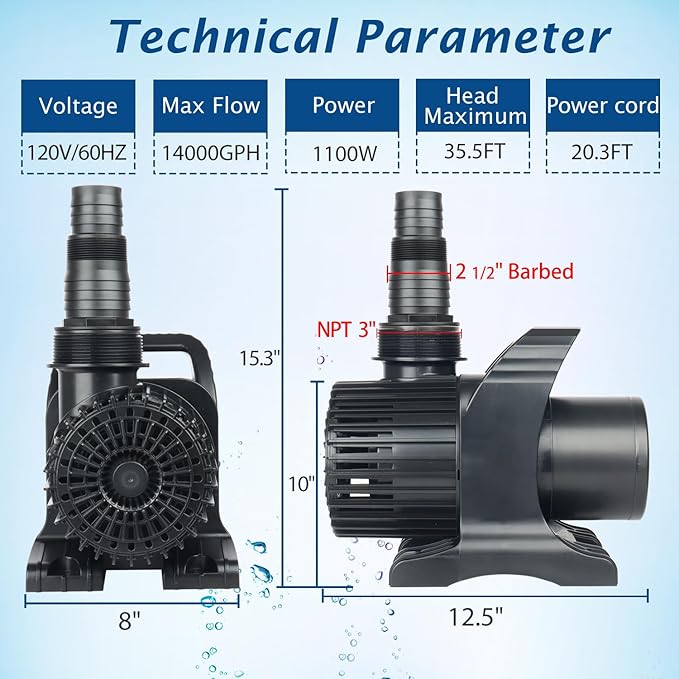 WaterRebirth (14000GPH, UL Listed) PS- High Flow Submersible Water Pond Pump - Water Aquarium Fountain Pump - Aquarium,UL listed (14000GPH-1100W) - Bloomnest