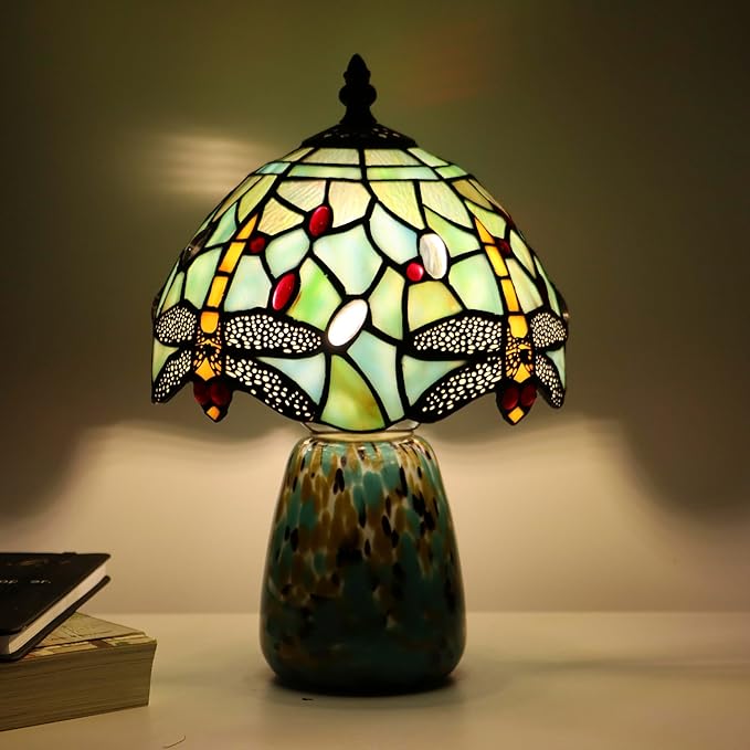 Tiffany Mushroom Table Lamp Dragonfly Style Blue Stained Glass Accent Lamp Brown Blue Glass Base 8X8X12 Inch - Bloomnest