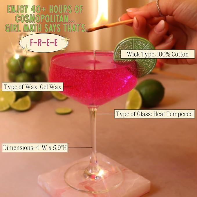 Cosmopolitan Cocktail Candle, 40+ Hour Long-Lasting Burn Handcrafted Decorative Candles for Home Scented, Pink Candle Bar Cart Accessories, Pink Room Decor - Bloomnest