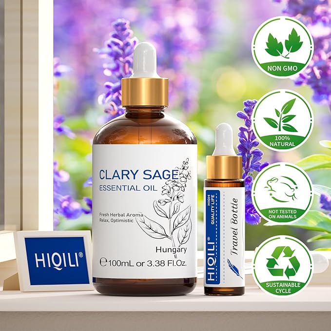 HIQILI Clary Sage Oil Essential, Herbal Sooth Aroma in Diffuse, Meditation, Calming Sleep at Bedtime, Body Massage, Moisturize Skin, DIY Deodorant Spray - 100ML - Bloomnest