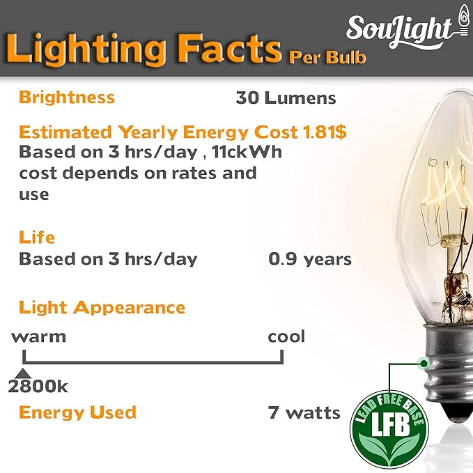 7 Watt Night Light Replacement Bulbs - 12 Pack Salt Lamps, Crystal Clear Glass,C7/7 Watt/120 V/45 Lumen,E12 Candelabra Base Incandescent Bulbs - Bloomnest