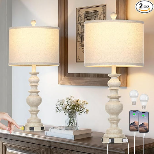 27.5" Beige Farmhouse Table Lamps for Living Room, Rustic Bedside Lamps with USB C+A Ports & AC Outlet, Vintage Bedroom Lamp Set of 2, Tradition Night Stands Lamp for Side End Table Desk - Bloomnest