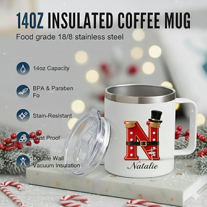Personalized Nutcracker Ballet Mug with Custom Name & Initial - 14oz Insulated Coffee Tumbler with Handle & Lid - Elegant Christmas Gift for Dancers, Ballerinas, Women & Girls (B65) - Bloomnest