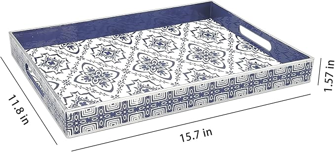 Serving Tray with Handles, 15.7 * 11.8 inches, Plastic Ottoman Tray with Exquisite Paintings, Trays for Coffee Table - Bloomnest