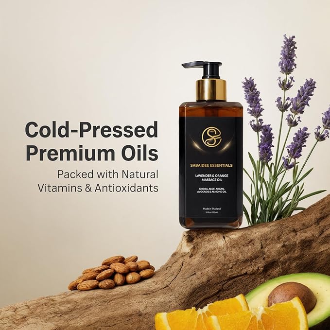 Aromatherapy Massage Oil - Lavender Oil & Orange 10 Fl Oz - Thai Body Oil for Massage Therapy with Jojoba, Avocado, Argan, Aloe, Almond – Relaxing Body Care & Self-Care - Bloomnest