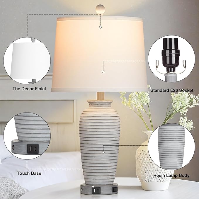 25" Farmhouse Jar Table Lamps Set of 2, 3 Way Touch Control Rustic Bedside Lamps with USB A+C Ports & AC Outlet, Pot Nightstand Lamps for Bedroom Living Room (LED Bulbs Included) - Bloomnest