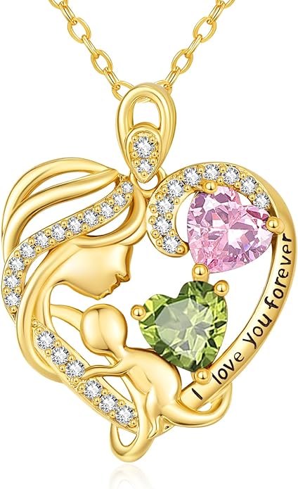 14K Gold Double Birthstone Heart Necklace for Women Mom, Mother Son/Daughter Pendant Necklace for Christmas Mother's Day Birthday Gifts for Wife Daughter Grandmom - Bloomnest