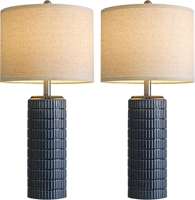 PoKat 27.5'' Tall Table Lamps for Living Room Set of 2, Ceramic Bedroom Lamps for Night Stands, Modern Bedside Lamps for Bedroom Living Room, Nightstand Lamps for Side End Table Hallway, Blue - Bloomnest