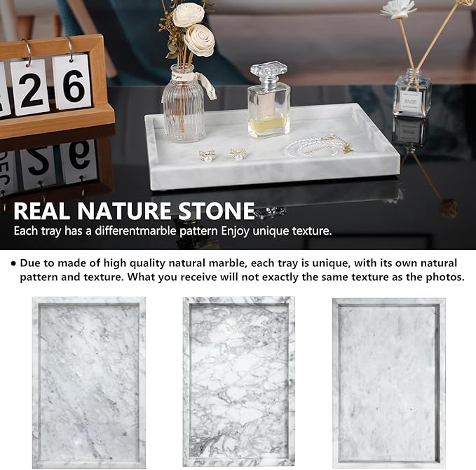 Real Natural Marble Tray for Bathroom, Vanity, Kitchen and Desktop, Rectangle Genuine Marble Stone Tray for Jewelry, Cosmetics, Candles, Lotion, Perfume and Home Decor - Bloomnest