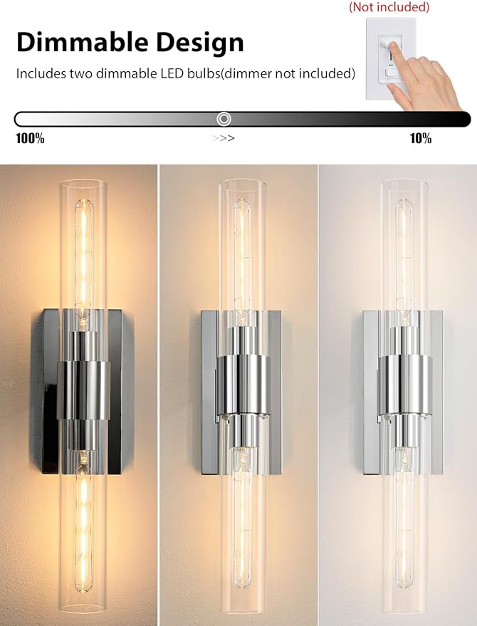 Chrome Tube Wall Sconces with Clear Glass, 24'' Modern Bathroom Vanity Light Fixtures for Bathroom Living Room Bedroom Hallway Fireplace Staircase(Bulb Included). - Bloomnest