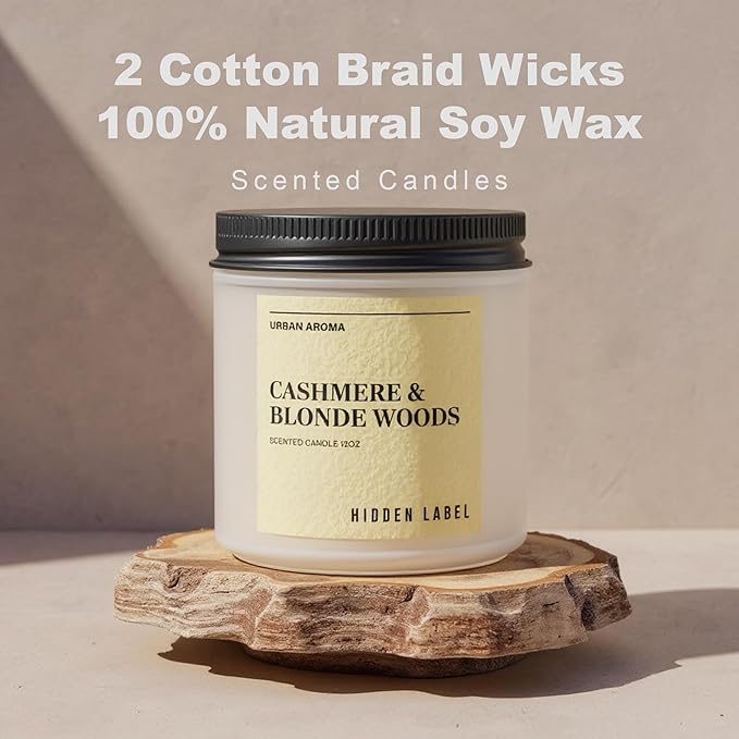Hidden Label Cashmere & Blonde Woods Soy Candle, 12oz 2 Wick Non Toxic Candles for Home Scented, Bathroom Candle 70H Clean Burning Aromatherapy Candle for Stress Relief & Relaxation Gifts - Bloomnest