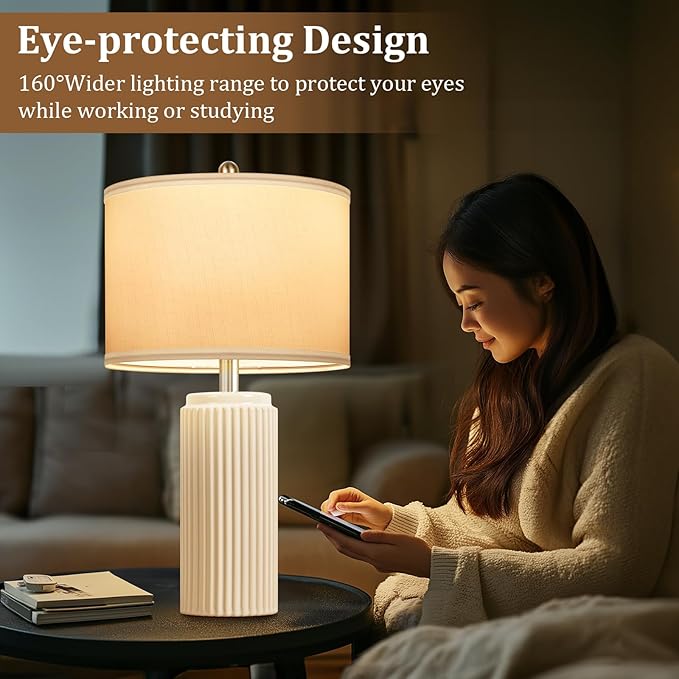 23.5’’ Beige Modern Ceramic Table Lamps Set of 2 for Living Room, Farmhouse Bedside Lamps with Upgraded White Linen Shade, Rustic Nightstand Lamps for Bedroom Home Office, Vintage End Table Dorm - Bloomnest