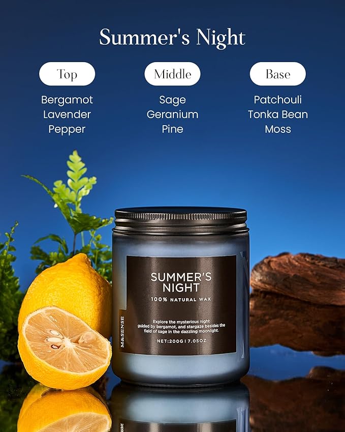 M&SENSE Summer's Night Scented Candle, All Natural Soy Wax Clean Non Toxic Manly Candle for Home, 7.05oz Up to 50 Hours Burn Time in Glass Jar for Bedroom - Bloomnest