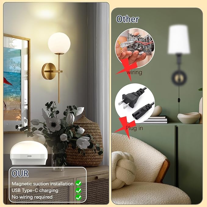 KEFA Gold Battery Operated Wall Sconces Set of 2, Modern Remote Wall Lamp Globe Glass Shade,Not Hardwired Rechargeable Wall Lights Fixture with Timer and Dimmable for Bedroom Living Room Bathroom - Bloomnest