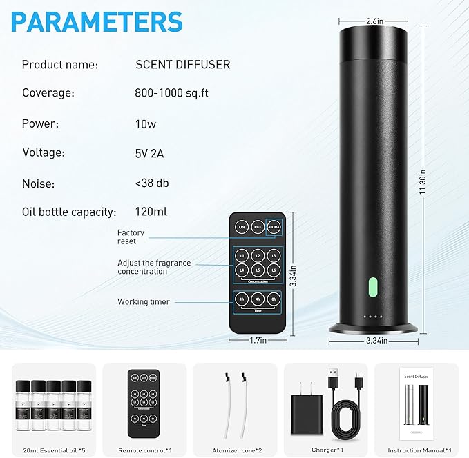 Waterless Scent Diffuser Starter Kit - 800 Sq Ft Coverage, Hotel Scent Diffuser, Essential Oil Diffuser Large Room, Included 5 Scent Oils, Remote Control, Black, 11.20In - Bloomnest