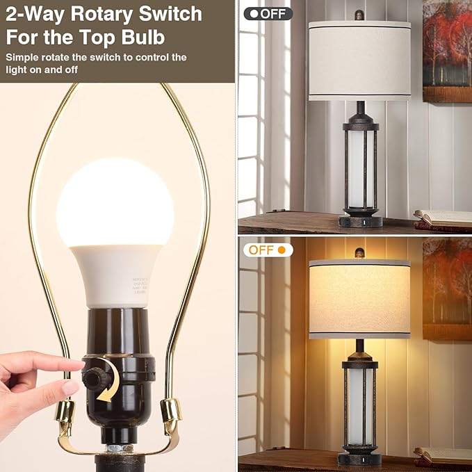 27" Farmhouse Industrial Table Lamps, Vintage Rustic Retro Beside Lamps with USB A+C Charging Ports & AC Outlet, Modern Nightstand Lamps with Glass LED Night Light for Living Room Bedrooms End Table - Bloomnest