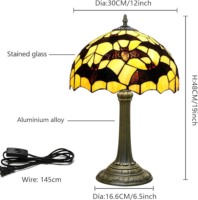 Tiffany Lamp Black Bat Style Stained Glass Table Lamp Vintage Bedroom Bedside Light for Home Dorm Office Art Craft Antique Decor Accent Aesthetic Nightstand Reading Light 12x12x19 Inches - Bloomnest