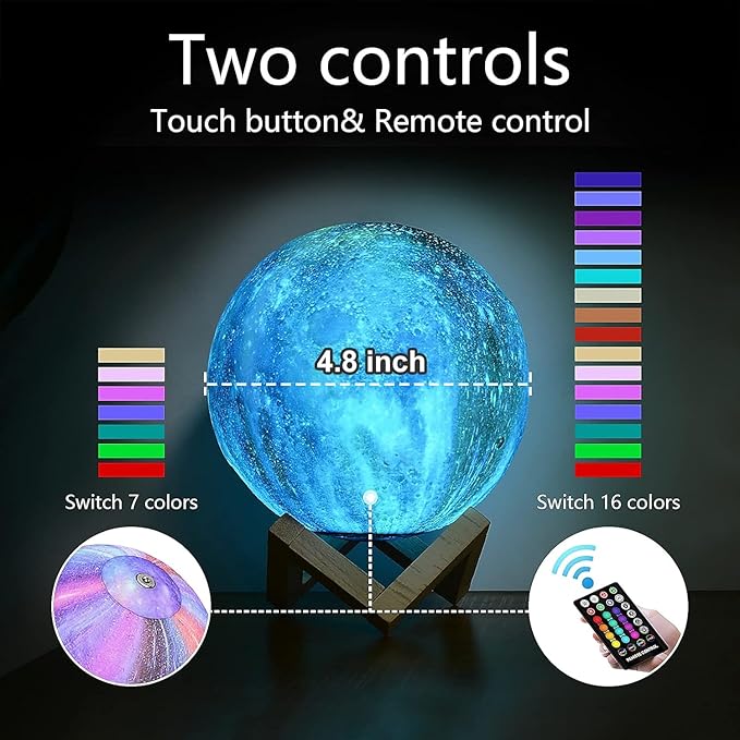 Moon Lamp, Kids Night Light Galaxy Lamp - 16 Colors Moon Light with Wood Stand Remote & Touch Control USB Rechargeable Gift for Girls&Boys Lover Birthday - 4.8 inch - Bloomnest