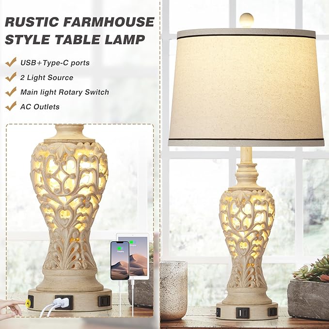 Table Lamps Set of 2, Farmhouse Table Lamps with Nightlight, Rustic Bedside Lamps with Dual USB & AC Outlet, 25.2'' Beige Vintage Nightstand Lamps for Bedroom Living Room, Bulbs Included - Bloomnest