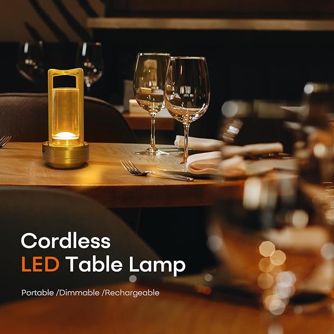 Portable Metal Table Lamp for Indoor/Outdoor ,Rechargeable Cordless LED Lamp, 3-Colour Infinitely Dimming Battery Powered Small Desk Lamp, Restaurant/Bedroom/Bar/Coffee/Camping Light (Gold Set of 2) - Bloomnest