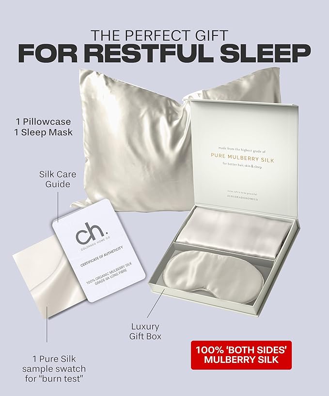 Colorado Home Co Silk Pillowcase for Hair and Skin - Off White Queen Size 100% Silk Pillow Covers - 20x30 - Pillow Case for Acne with Eye Mask for Sleeping - Bloomnest