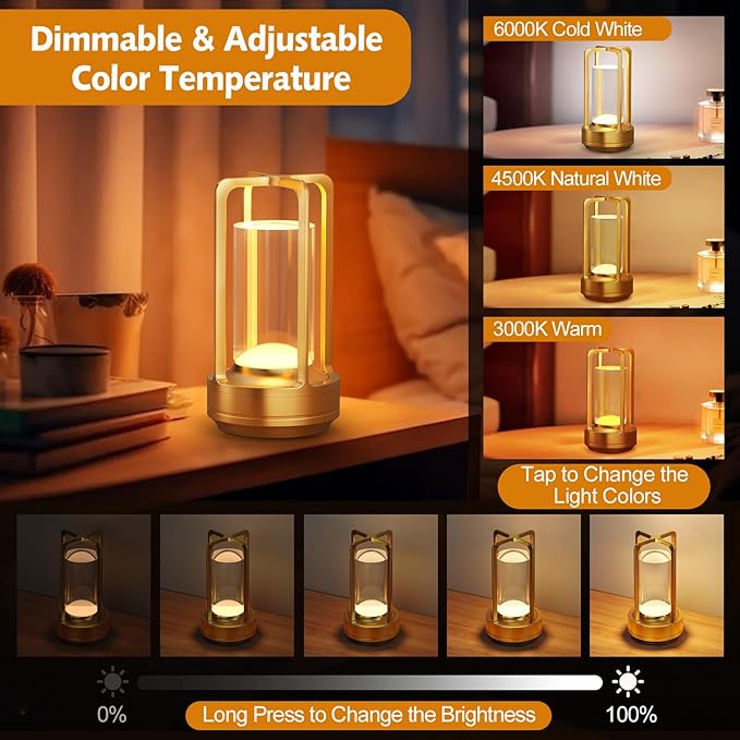 Portable Table Lamp for Outdoor Indoor: Cordless Rechargeable Desk Lamp with 3 Color Stepless Dimmable - Metal Battery Operated Small Lantern Light for Restaurant/Bedroom/Bar/Coffee Shop/Camping - Bloomnest