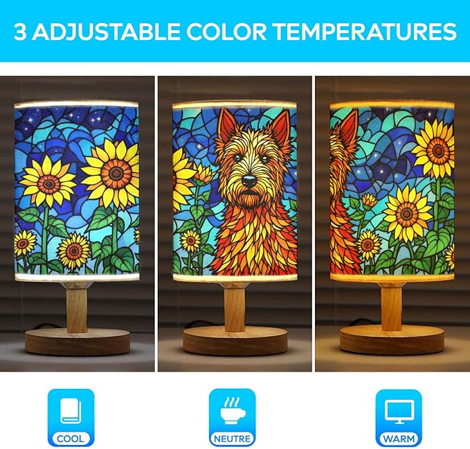 Irish Terrier Table Lamp LED 3-Color Pressed Bedside, Dog Shade Lamp with Wood Base for Bedroom Living Room Desk Office - Bloomnest