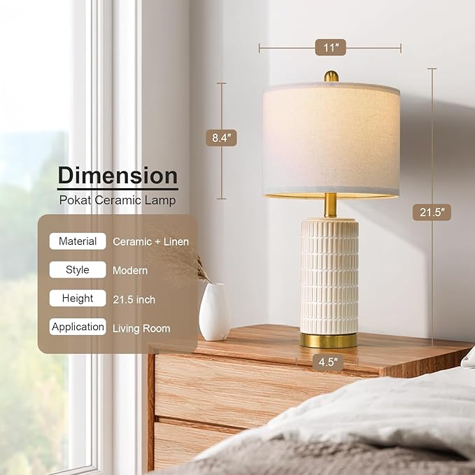 PoKat Small Bedside Table Lamps with USB Ports for Bedroom, 21.5'' White Nightstand Lamps for Night Stands, Modern Ceramic Bedroom Lamps for Living Room End Table, White and Beige - Bloomnest