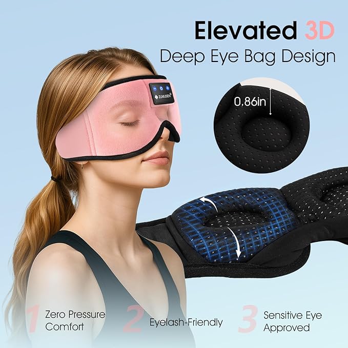 ZUMUSEN Bluetooth Sleep Headphones, 3D Wireless Music Eye Mask with Ultra-Thin Stereo Speakers, Adjustable Sleep Mask for Side Sleepers, Perfect for Travel, Meditation, Relaxation - Bloomnest