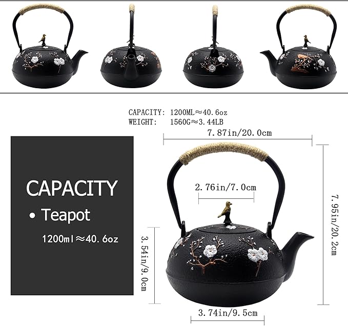 Cast Iron Kettle Teapot, Japanese Style Tetsubin, Cast Iron Tea Kettle with Stainless Steel Infuser for Loose Tea, Internal Enamel Iron Tea Pots for Stovetop Safe(40.2oz/1200ml) - Bloomnest