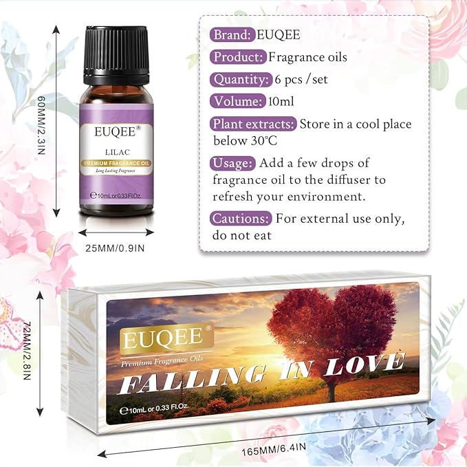 EUQEE Premium Floral Fragrance Oils Set 6PCS Fragrance Oils Set for Diffuser, DIY Candle - Honeysuckle, Lilac, Japanese Magnolia, Violet, Orange Blossom (10ml) EUQEE