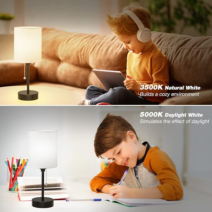 Bedside Table lamp for Bedroom Set of 2-3 Color Temperatures Small Lamps with USB C and A Ports, Pull Chain Table Lamps with AC Outlet, White Nightstand Lamps with Black Metal Base for Kids Reading - Bloomnest