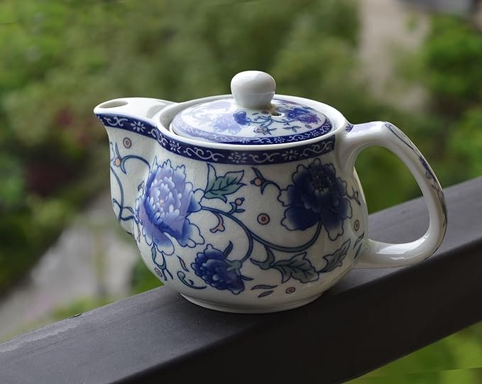 Small Porcelain Teapot, 9oz Tea Pot with Stainless Steel Infuser Classical Chinese Penoy Flower (Blue-and-white Penoy)