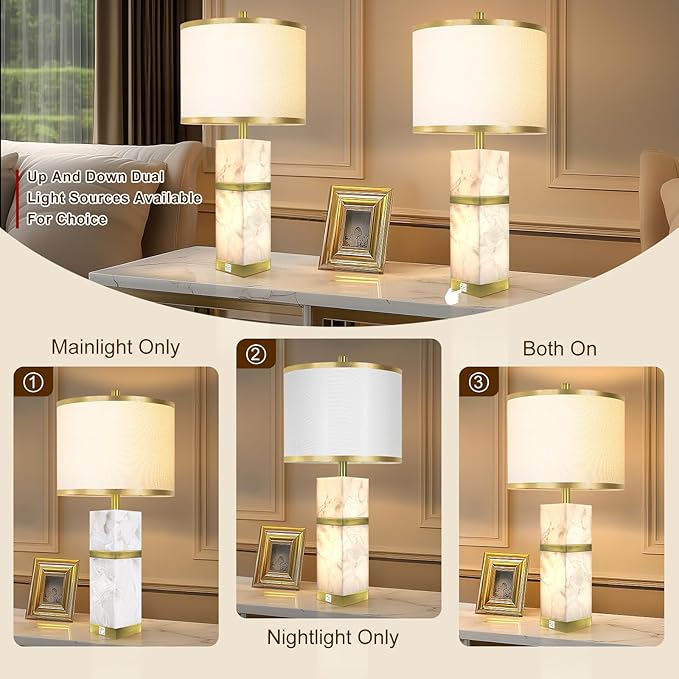 Natural Alabaster Table Lamps Set of 2 - Table Lamp with Night Light for Bedroom,Nightstand Lamps with USB Ports,Bedside Lamps with Linen Fabric Shade for Living Room,Bedroom,Office,Bar(Bulb Included) - Bloomnest